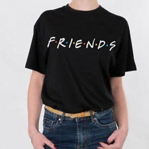 Friends Letter Print Round Crew Neck Black Casual Shart Sleeve Unisex T-Shirt L